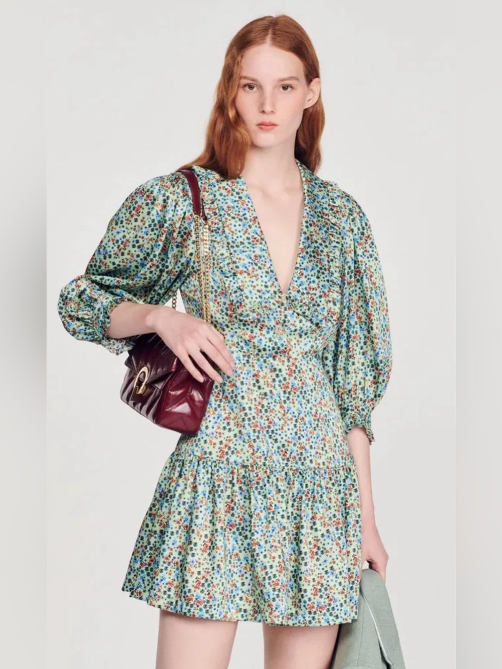 Sandro Short Flowing Dress green floral print short sleeve 100% Silk medium